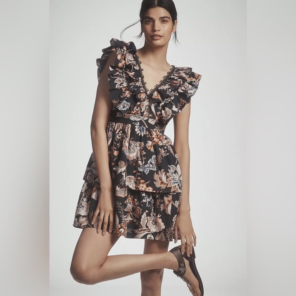 Sleeveless Ruffled A-Line Mini Dress In Navy Floral